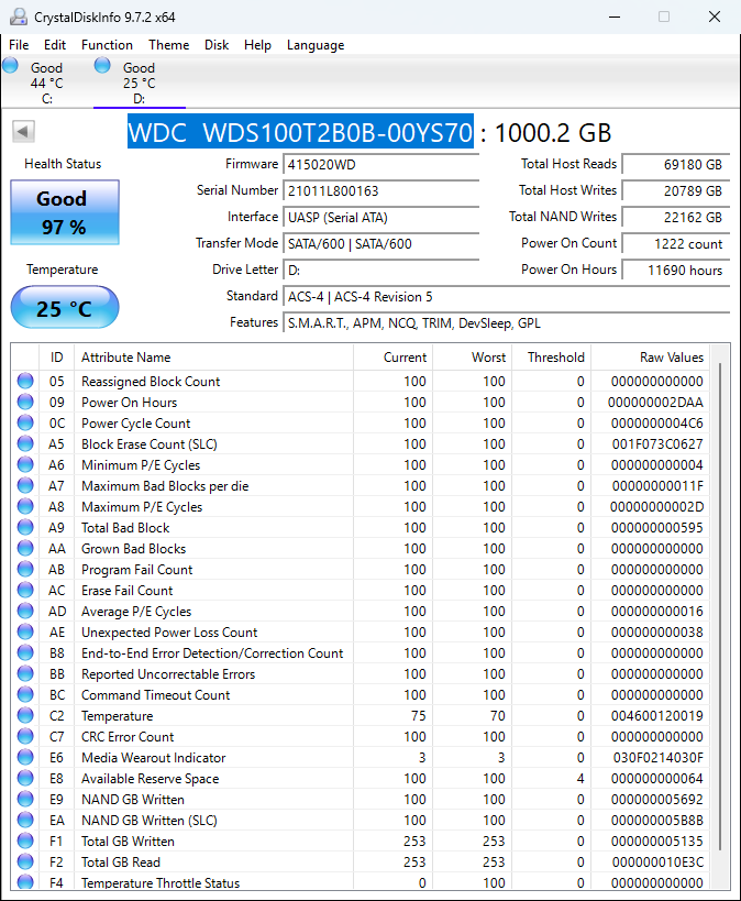 Western Digital WD 2280mm Blue 3D NAND 1TB SATA III 6Gbps SSD WDS100T2B0B-00YS70