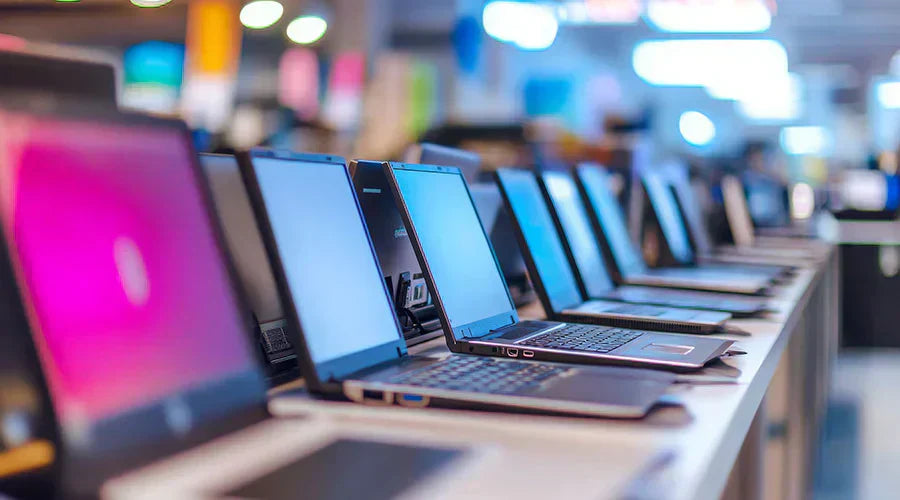 Gaming laptops on display showing high-performance screens at PayMore Snellville