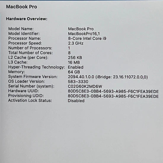 2019 Apple MacBook Pro 16" i9 2.3GHz 64GB RAM 1TB SSD Silver A2141