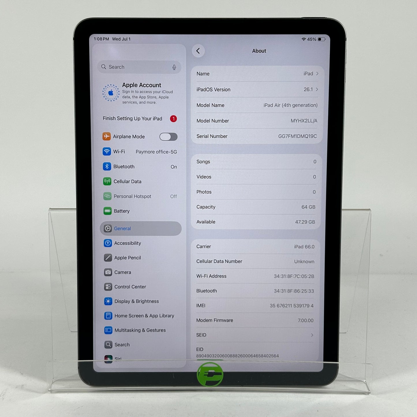 Factory Unlocked Apple iPad Air 4th Gen 64GB Space Gray MYHX2LL/A