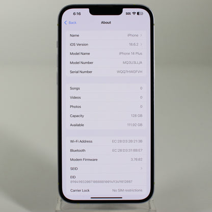 Unlocked Apple iPhone 14 Plus 128GB 18.2 Purple MQ3U3LL/A