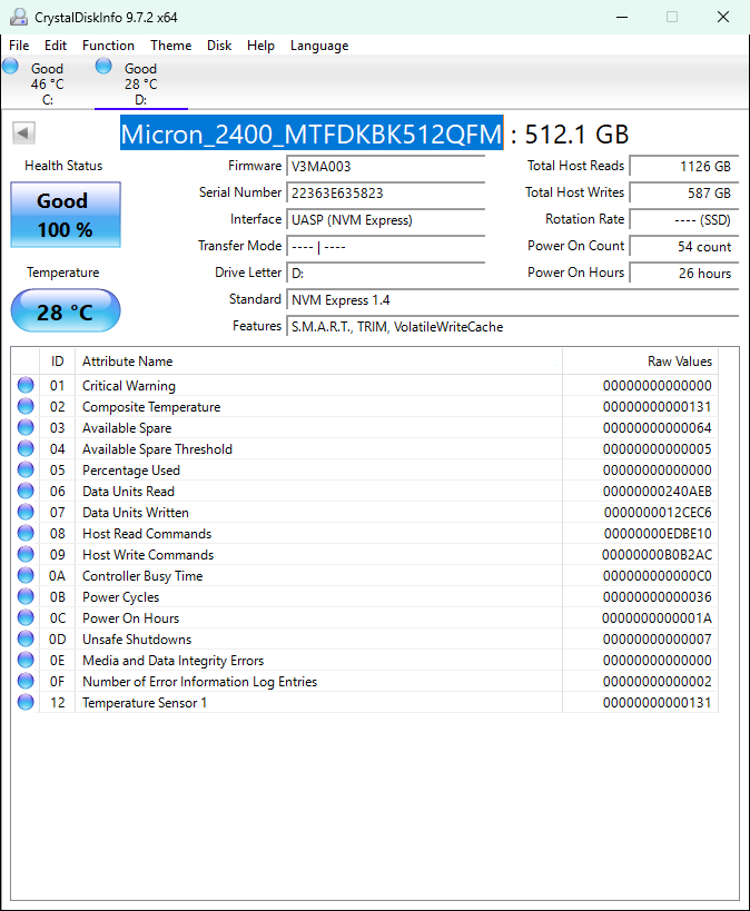 Micron 2230mm 2400 512GB M.2 NVMe Gen 4.0 x 4 SSD MTFDKBK512QFM-1BD1AABGA