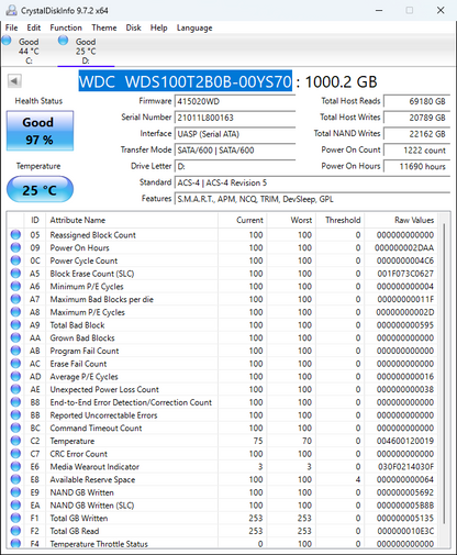 Western Digital WD 2280mm Blue 3D NAND 1TB SATA III 6Gbps SSD WDS100T2B0B-00YS70